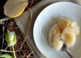 Sorbet poires, caramel, noisette
